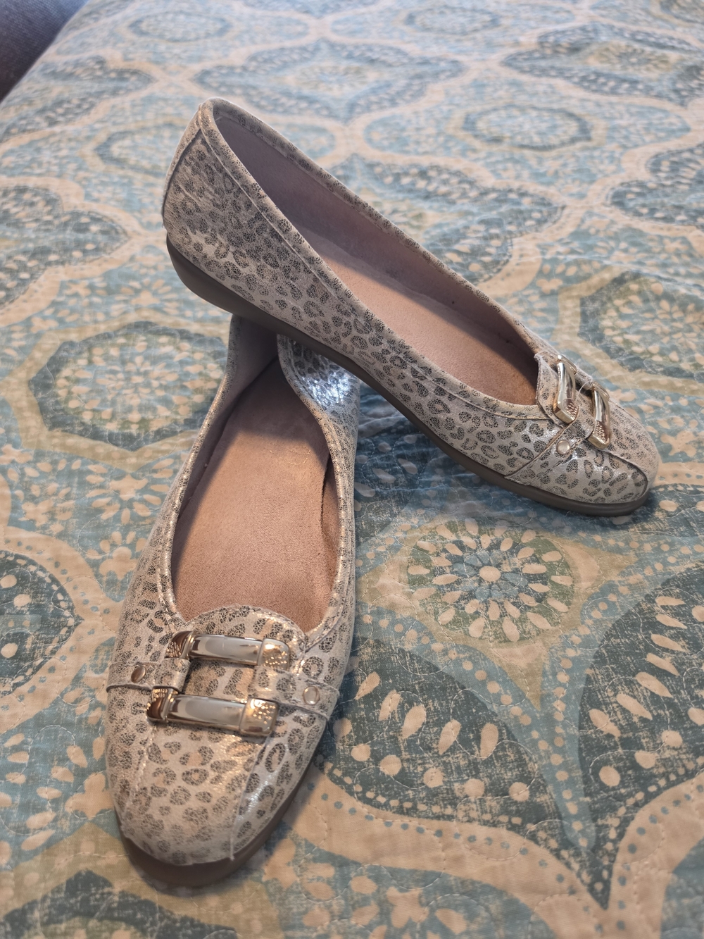 Aerosoles Sherbet Loafer Ballet Flats Metallic Leopard Animal Print Gold Buckle